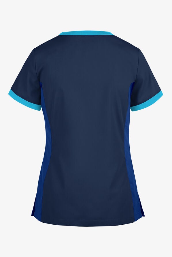 Blusa m&eacute;dica Butter-Soft Core by UA&trade; Color Block con escote en V y 4 bolsillos para mujer - Navy/Galaxy/Turquoise - 2