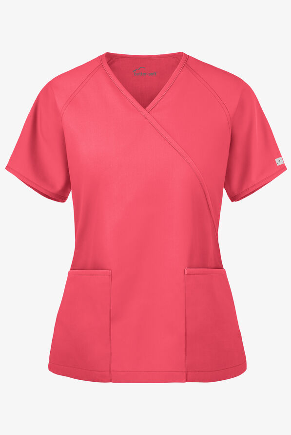 Butter-Soft Core Women's 2-Pocket Solid Mock Wrap Scrub Top - Rose Dusk - 1