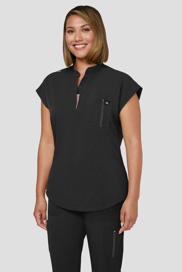 Blusa m&eacute;dica koi Solis Catrin STRETCH con cuello en V con cremallera y tapeta en contraste y 1 bolsillo para mujer - Black - 2