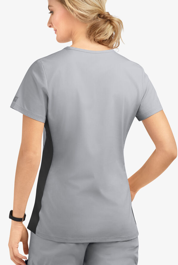 Blusa m&eacute;dica Butter-Soft STRETCH con paneles laterales de punto tejido y 3 bolsillos para mujer - Silver/Black - 3