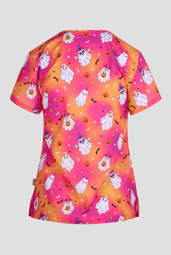 Zavate Ava Therese Boo-tiful Night Women's 2-Pocket STRETCH V-Neck Print Scrub Top - null - 2