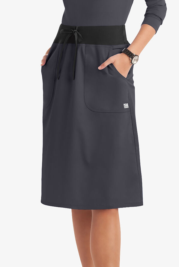 Butter-Soft STRETCH Women's 2-Pocket Drawstring Scrub Skirt - Pewter/Black - 1