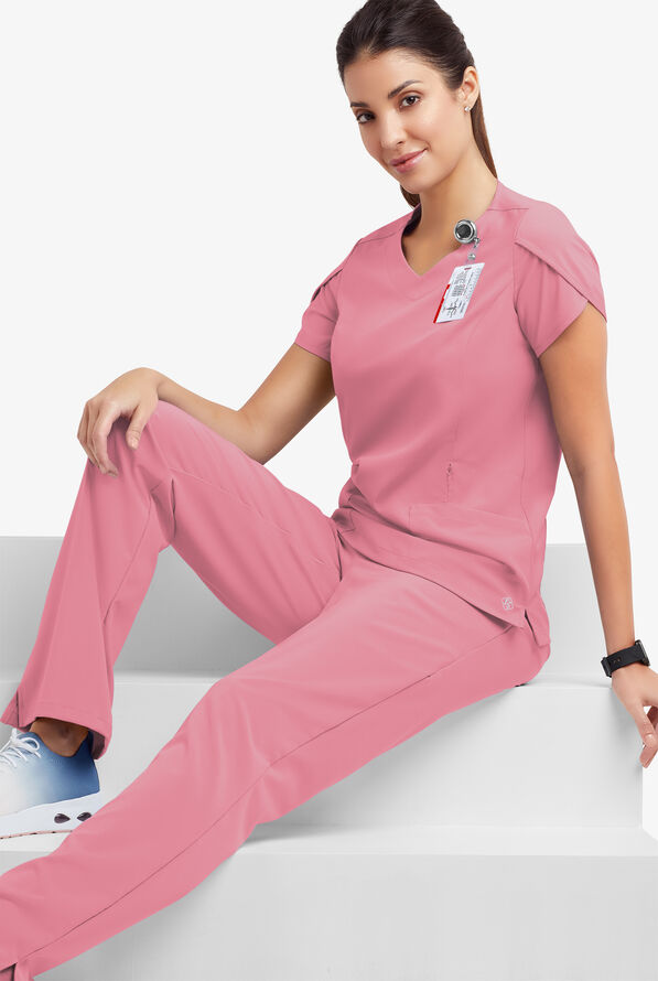 Easy STRETCH Daisy Women's 4-Pocket V-Neck Scrub Top with Petal Sleeves - Cashmere Rose - 8