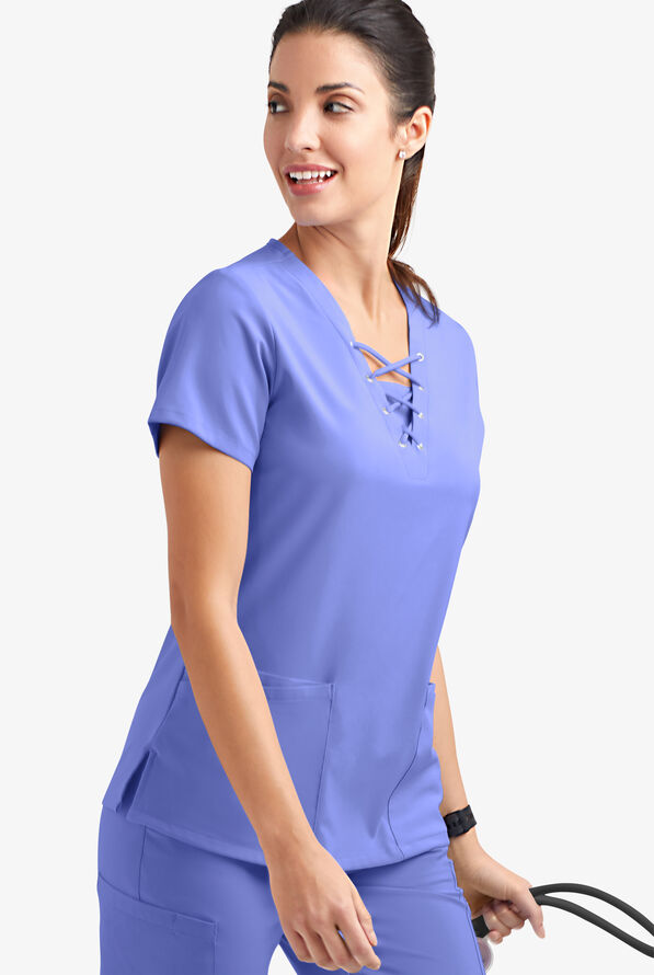 Easy STRETCH Gisele Women's 4-Pocket Lace Up V-Neck Scrub Top - Deep Cornflower - 3
