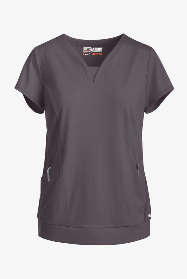 Grey's Anatomy by Barco Knit STRETCH Motivate Women's 2-Pocket Banded V-Neck Scrub Top - Steel Gray - 1