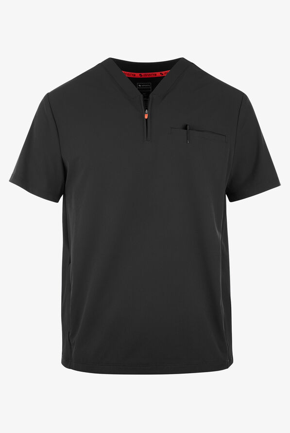Infinity GNR8 Men's 3-Pocket STRETCH Rib-Knit Panel Zip Placket V-Neck Scrub Top - Black - 1