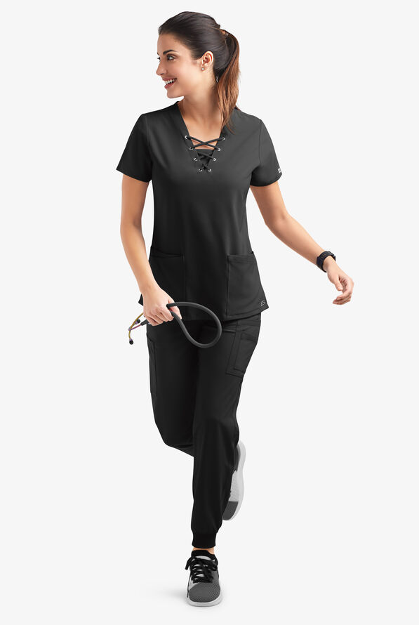 Easy STRETCH Gisele Women's 4-Pocket Lace Up V-Neck Scrub Top - Onyx Black - 6
