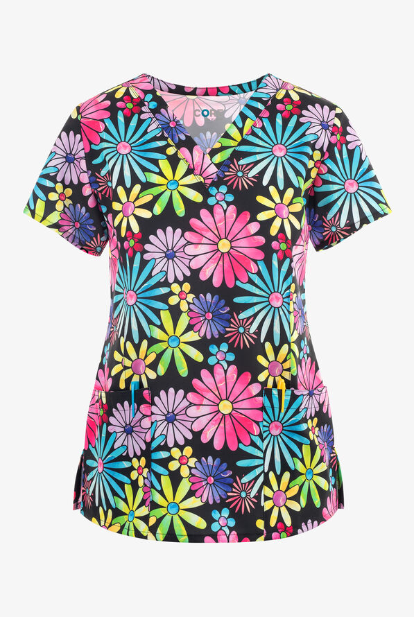 Maevn Bright Flower Child Women's 3-Pocket V-Neck Print Scrub Top - null - 1