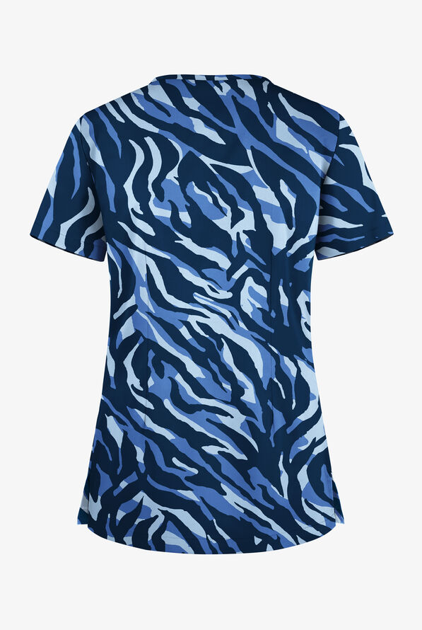Butter-Soft STRETCH Zebra Camo Navy Women's 1-Pocket Tuck-In V-Neck Print Scrub Top - null - 2