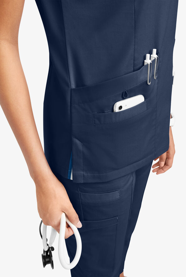 Butter-Soft STRETCH Women's 5-Pocket Short Sleeve V-Neck with Sport Trim Detail Scrub Top - Navy - 3