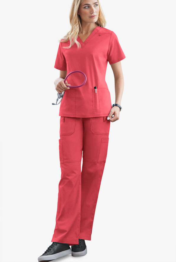 Butter-Soft STRETCH Women's 10-Pocket Drawstring Scrub Pants - Coral Spice - 2