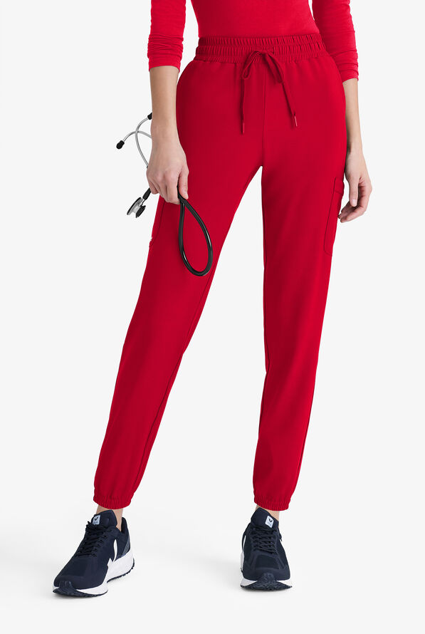 Grey's Anatomy by Barco Evolve STRETCH Terra Women's 6-Pocket Cargo Jogger Scrub Pants - Petite - Red - 1