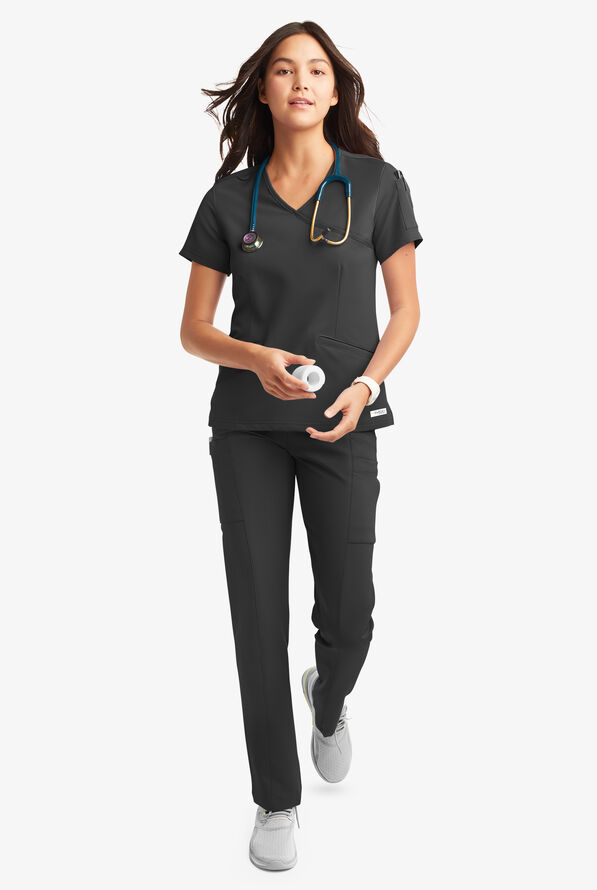 Butter-Soft Women's 5-Pockets Faux Wrap Scrub Top **Slightly IRREGULAR** - Black - 1