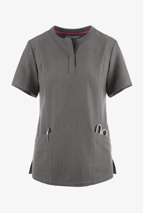 MOVEMENT by Butter-Soft  STRETCH Elara Women's 5-Pocket Henley Scrub Top - Graphite Heather - 1