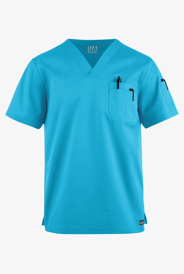 Butter-Soft STRETCH Men's 4-Pocket V-Neck Scrub Top - Turquoise - 1