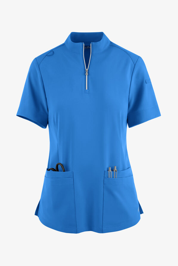 Blusa médica Easy STRETCH Jen con cremallera en el cuello y 4 bolsillos para mujer - Cerulean - 1