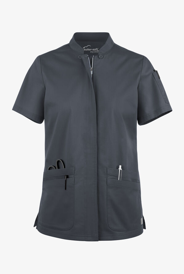 Butter-Soft STRETCH Women's 6-Pocket Collar Neck Zip Front Scrub Top - Pewter - 1