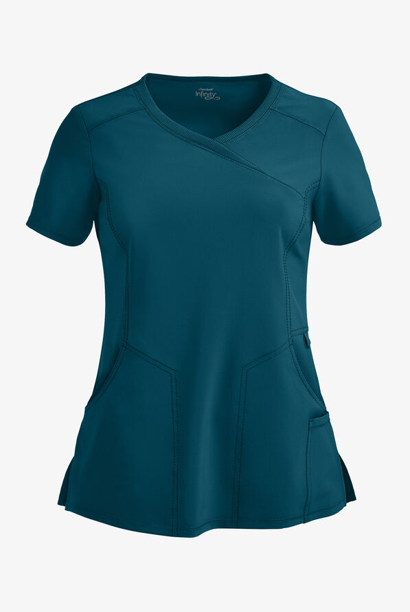 Infinity Women's 4-Pocket STRETCH Mock Wrap Scrub Top - Caribbean Blue - 1