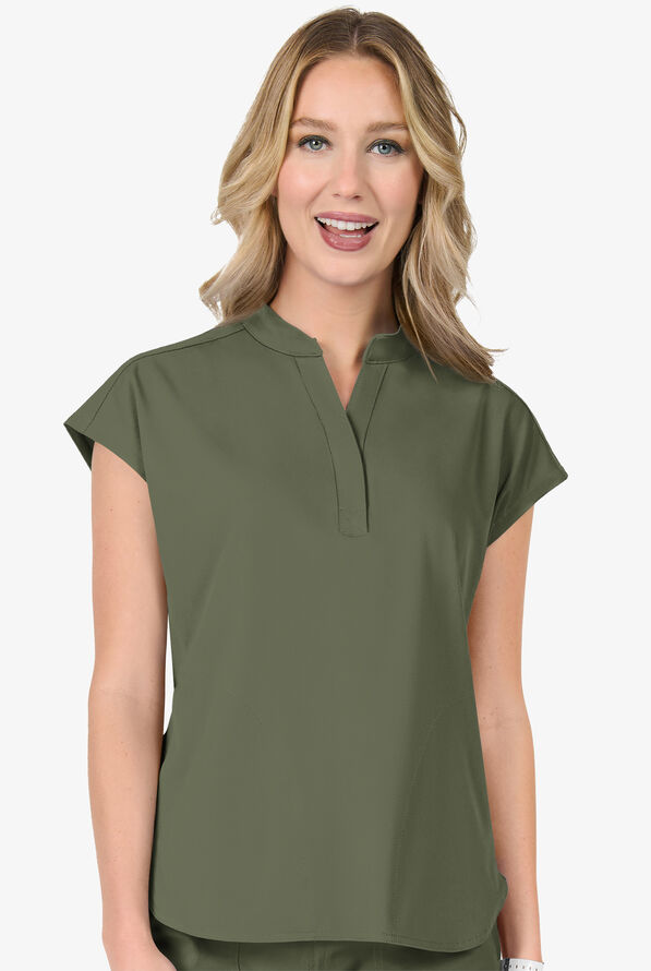Zavate Ava Therese Piper Women's 2-Pocket STRETCH Dolman Sleeve Mandarin Collar Scrub Top - Olive - 2