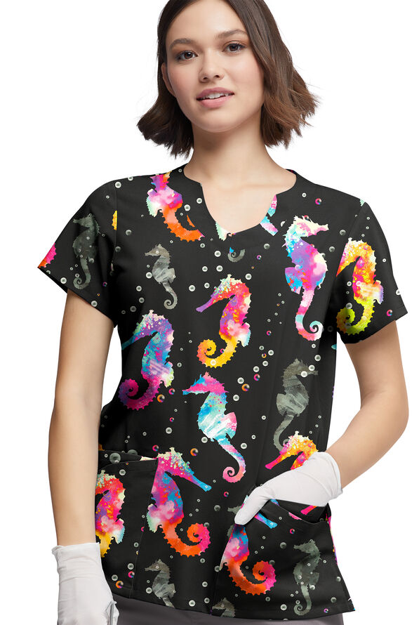 Happy Scrubs Relaxing Day Women's 6-Pocket Scallop Neck Print Scrub Top - null - 2
