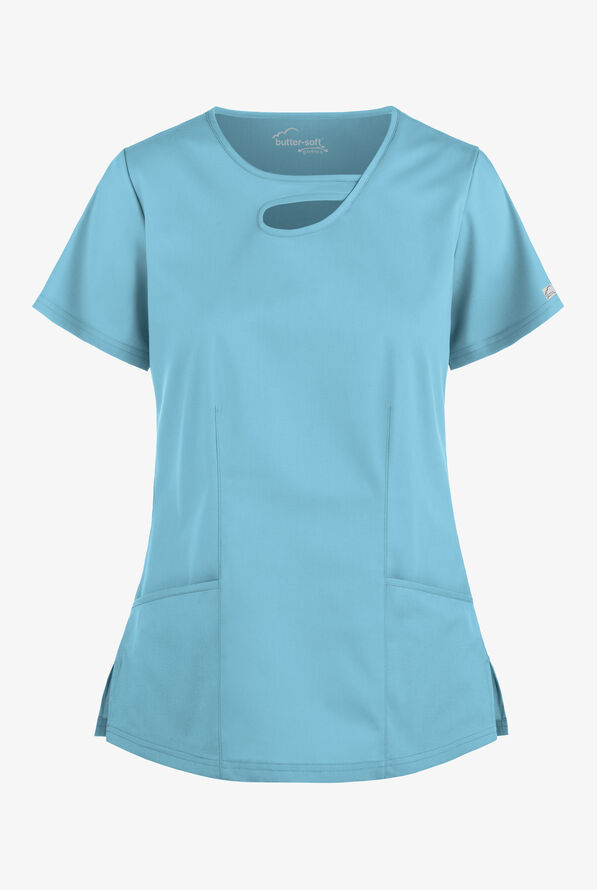 Butter-Soft STRETCH Women's 2-Pocket Asymmetric Keyhole Scrub Top - Poolside View - 1