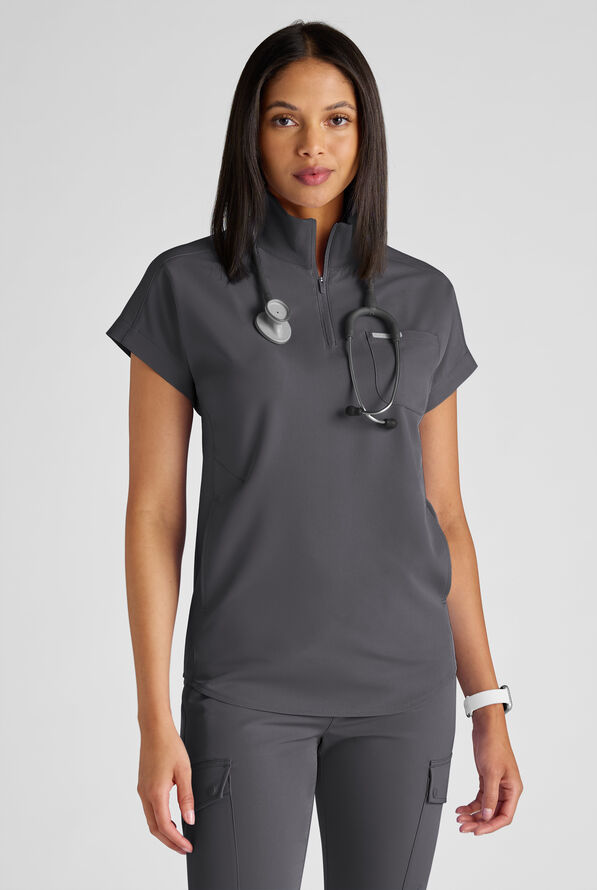 ReSurge Rhine Women's 5-Pocket Oversized Half Zip Stand Collar Scrub Top - Pewter - 1