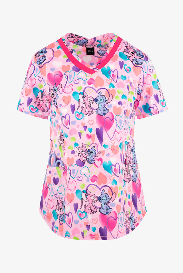 Blusa médica estampada Tooniforms Disney's Angel and Stitch Angelic Feeling STRETCH con cuello en V y 4 bolsillos para mujer - null - 1