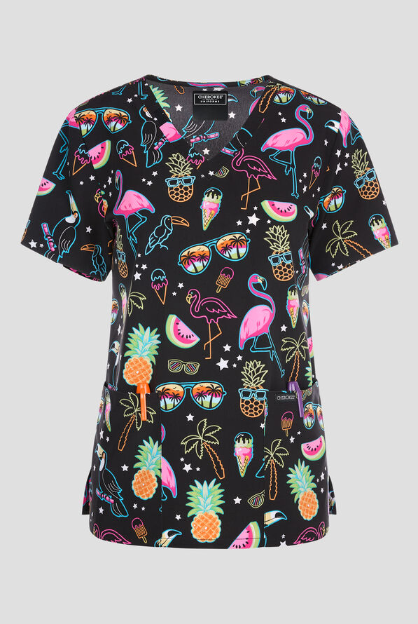 Blusa médica estampada Cherokee Downtown Tropical STRETCH con cuello en V y 2 bolsillos para mujer - null - 1