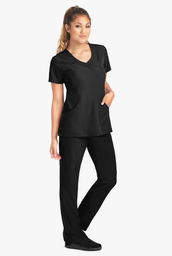 Skechers by Barco Reliance Women's 3-Pocket STRETCH Mock Wrap Scrub Top - Black - 2