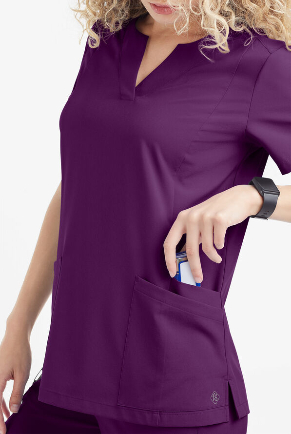 Easy STRETCH Chrisette Women's 4-Pocket with Feminine Neck Detail Scrub Top - Eggplant - 3