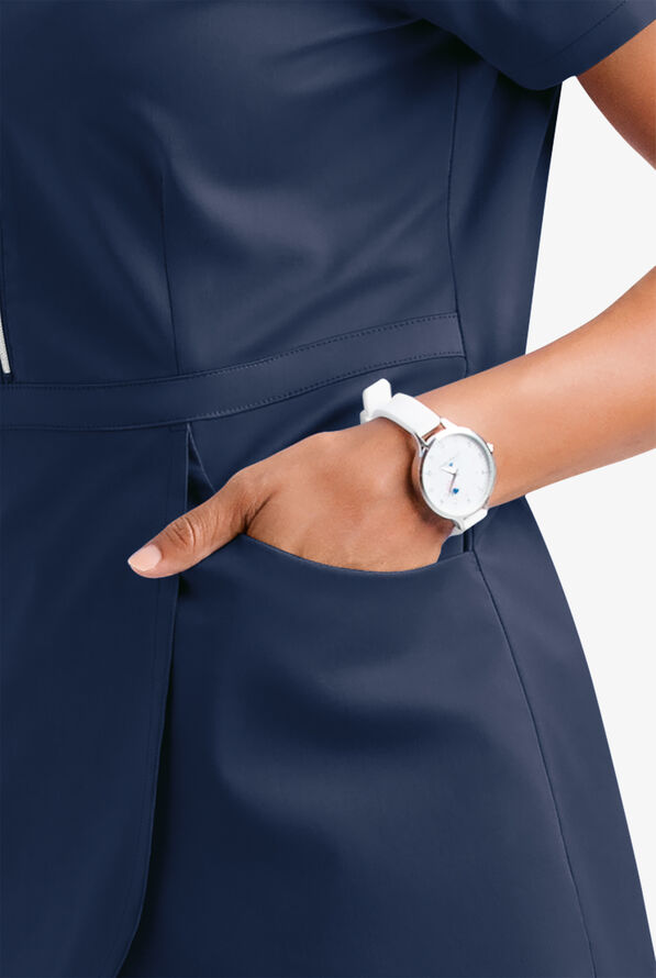 Butter-Soft STRETCH Women's 3-Pocket Zip Peplum Scrub Top - Navy - 4