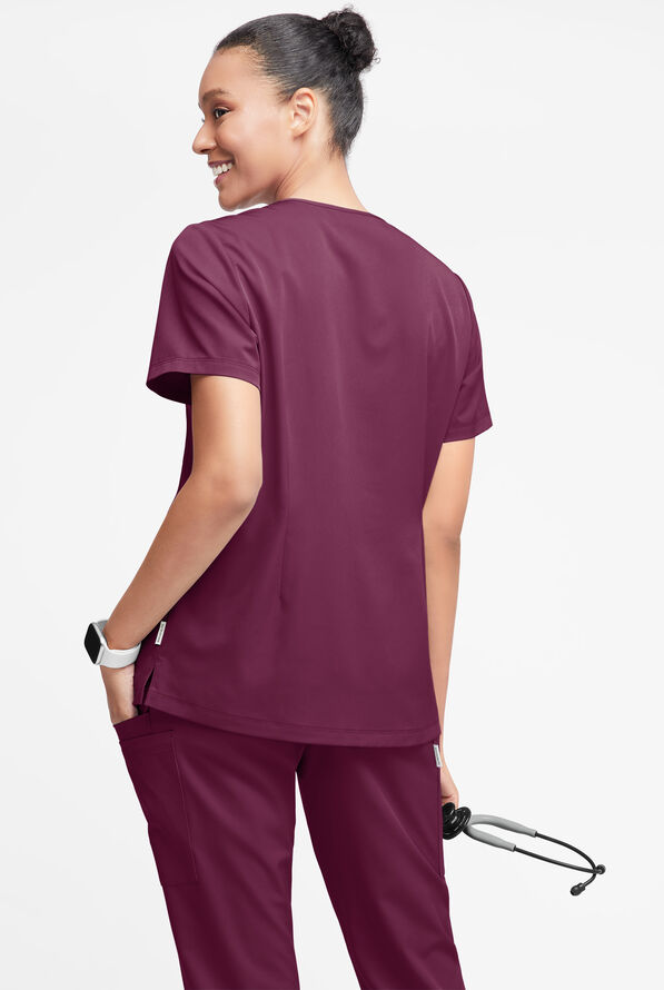 WhisperLite Dahlia Women's 4-Pocket Stretch Notched Neck Scrub Top - Wine - 2