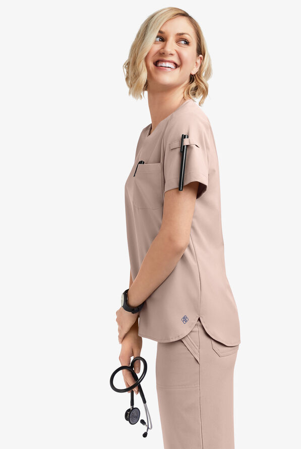 Easy STRETCH Nikki Women's 1-Pocket Scallop Neck Tuck-In Scrub Top - Mocha Meringue - 2