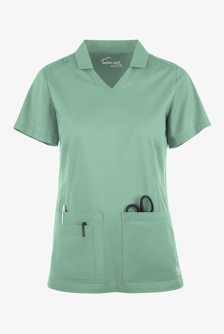Butter-Soft STRETCH Women's 3-Pocket Short Sleeve Collar and Knit Panels Scrub Top