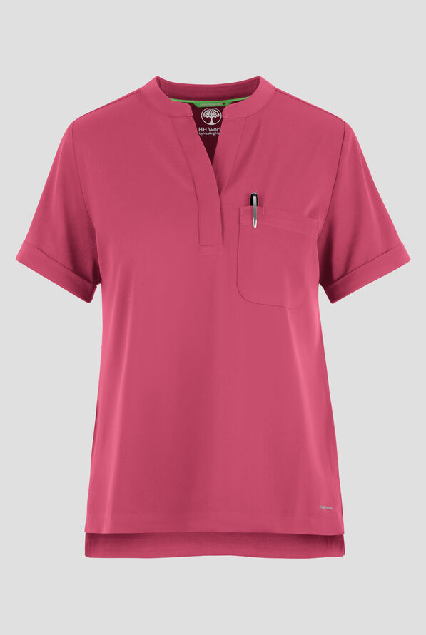 HH Works by Healing Hands Macy Women's 1-Pocket STRETCH Mandarin Collar Tuck In Scrub Top - Cherry Wine - 1