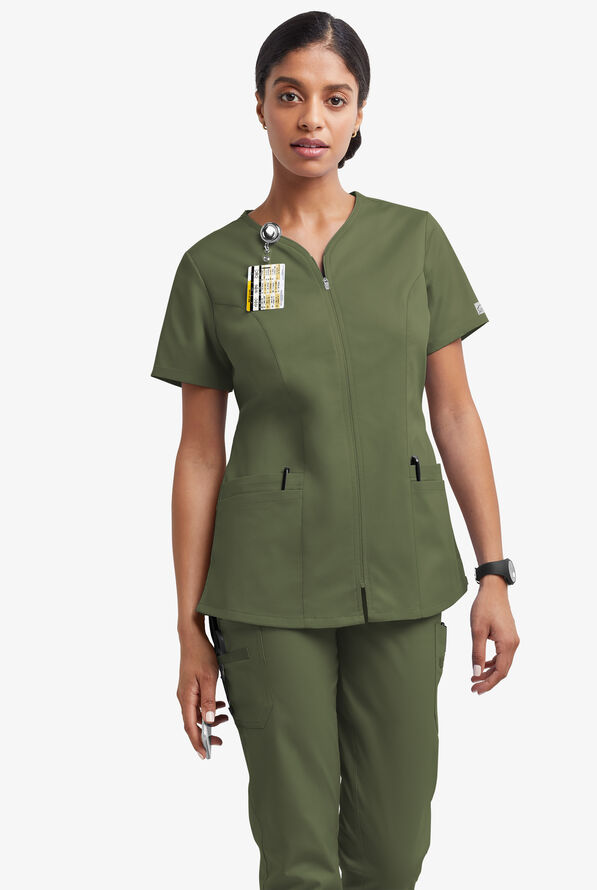 Butter-Soft STRETCH Women's 4-Pocket Smooth Face Zipper Scrub Top - Light Olive - 2