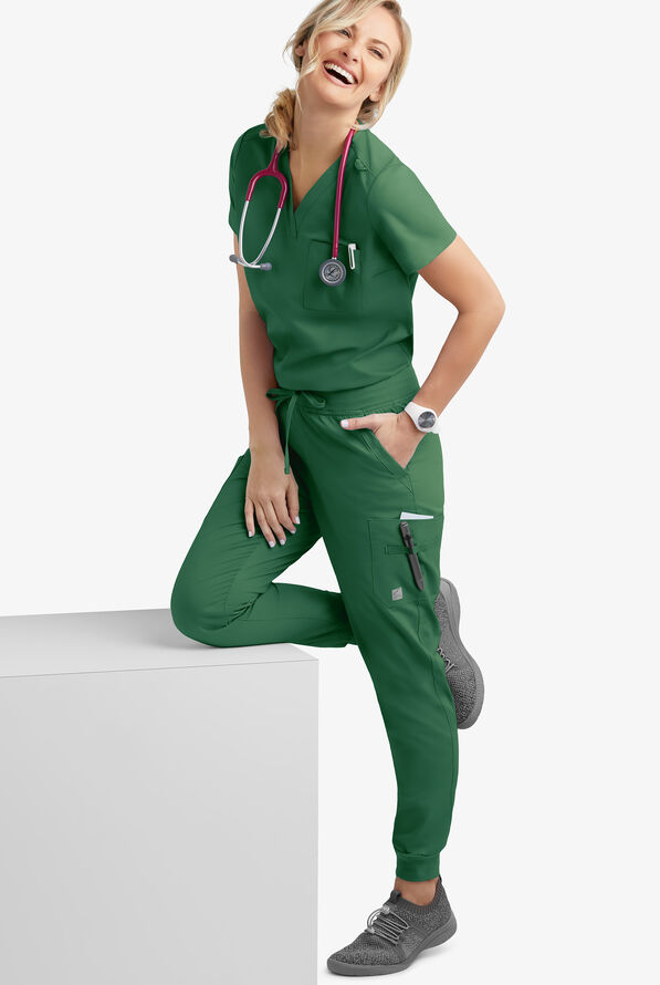 Blusa m&eacute;dica Butter-Soft STRETCH con cuello en V y 2 bolsillos para mujer - Hunter - 2