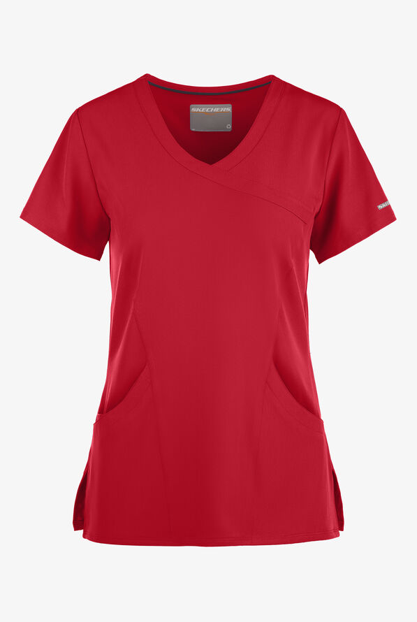 Skechers by Barco Reliance Women's 3-Pocket STRETCH Mock Wrap Scrub Top - Red - 1