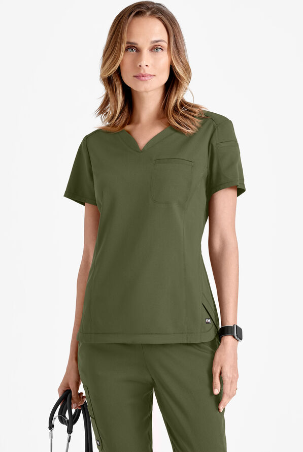 Blusa médica Grey's Anatomy by Barco Spandex STRETCH Capri con panel trasero acanalado y 2 bolsillos para mujer - Olive - 2