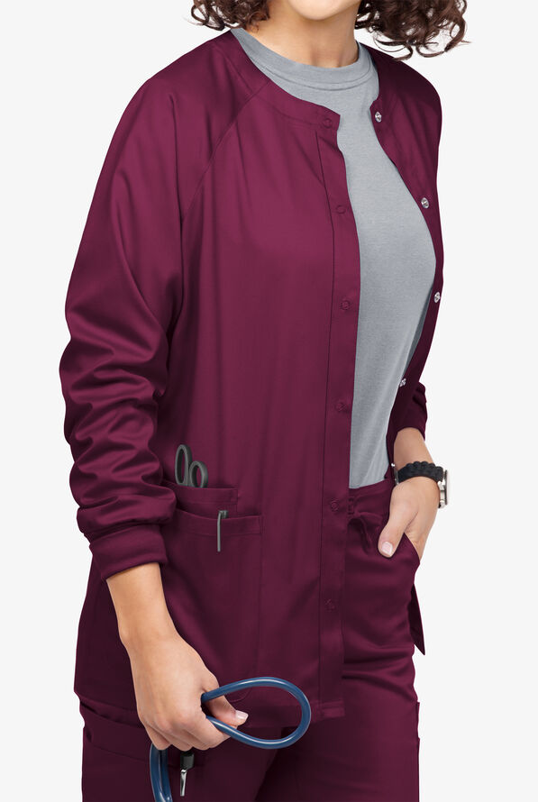 Strictly Scrubs Women's 3-Pocket Long Sleeve Warm Up Scrub Jacket - Wine - 2