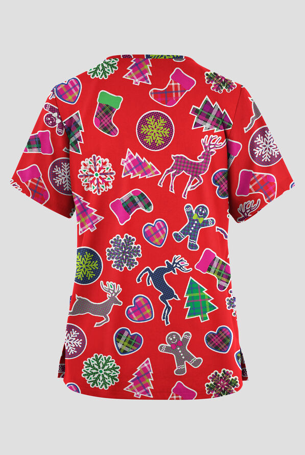 Butter-Soft Originals Christmas Tartan Fuchsia Women's 2-Pocket V-Neck Print Scrub Top - null - 2