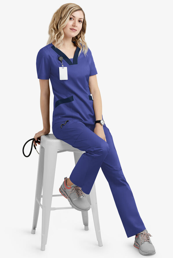 Butter-Soft STRETCH Women's 4-Pocket Feminine Curved V-Neck Scrub Top - Galaxy/Navy - 2