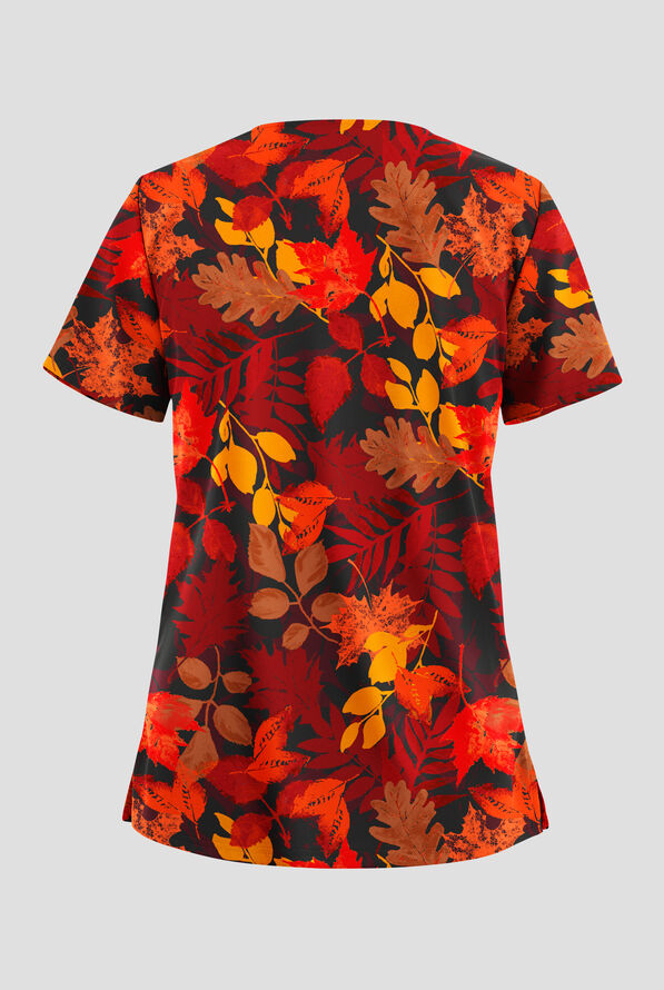 Butter-Soft STRETCH Rustling Leaves Women's 2-Pocket V-Neck Print Scrub Top - null - 2