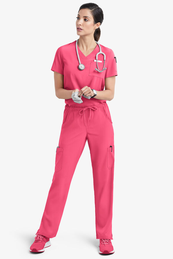 Easy STRETCH Chloe Women's 3-Pocket V-Neck Tuck-In Scrub Top - Strawberry Fizz - 2