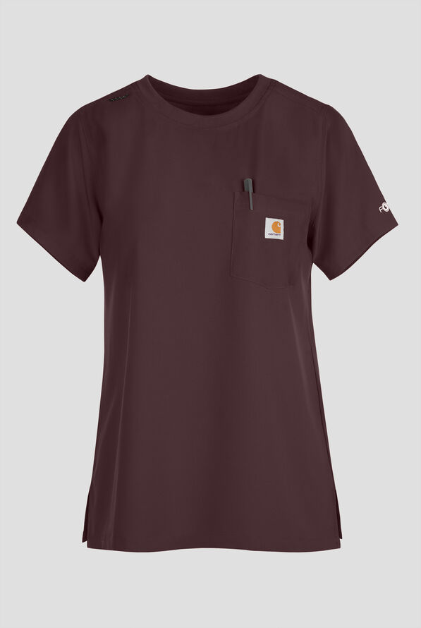 Carhartt Cross-Flex Force Women's 1-Pocket STRETCH Knit Trim Crew Neck Scrub Top - Dark Sepia - 1