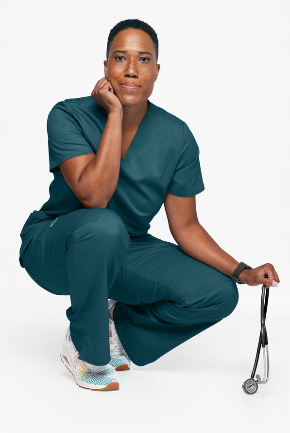 Cherokee Workwear Revolution Women's 3-Pocket STRETCH V-Neck Scrub Top - Caribbean Blue - 3