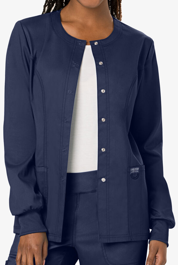 Cherokee Workwear Revolution Women's 3-Pocket STRETCH Snap Front Scrub Jacket - Navy - 2