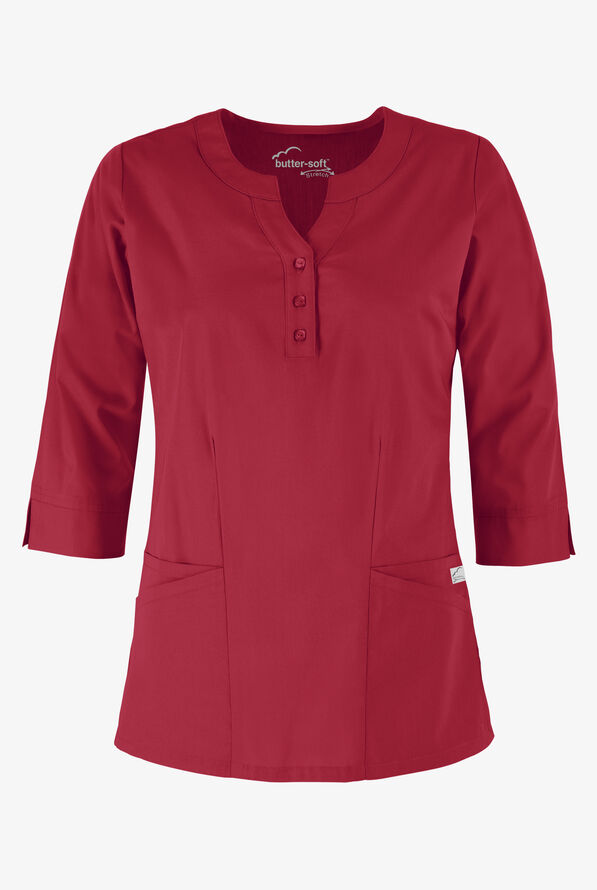 Butter-Soft STRETCH Women's 4-Pocket 3/4" Sleeve Round Neck Scrub Top - Ruby - 1