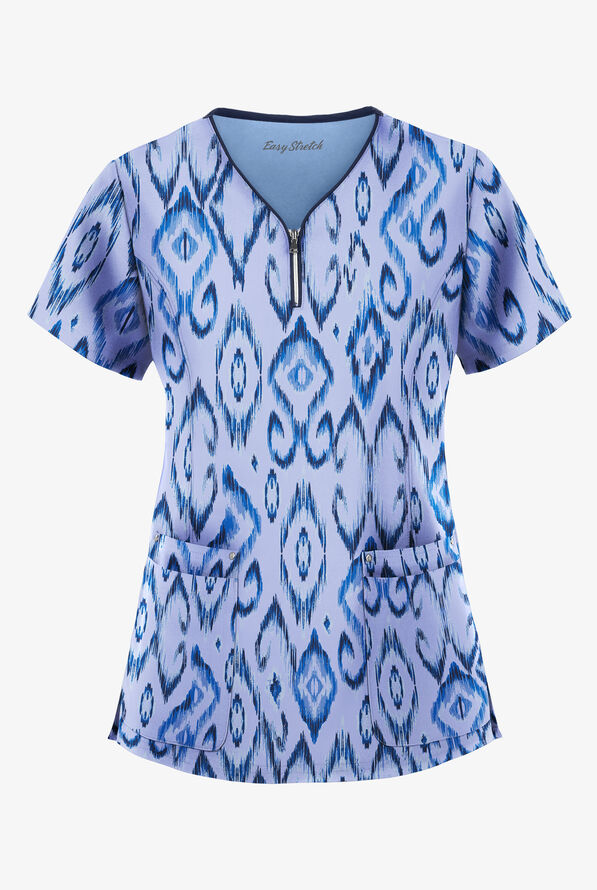 Easy STRETCH Uzbek Kilim Ceil Women's 4-Pocket Zipper Neck Print Scrub Top - null - 1