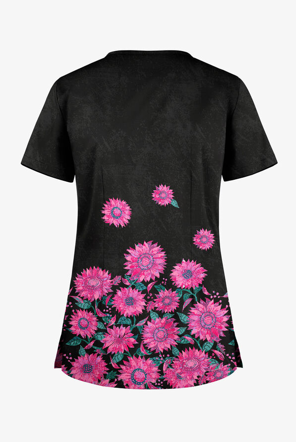 Butter-Soft STRETCH Sunflowers Wild Plum Women's 1-Pocket Tuck-In V-Neck Print Scrub Top - null - 2